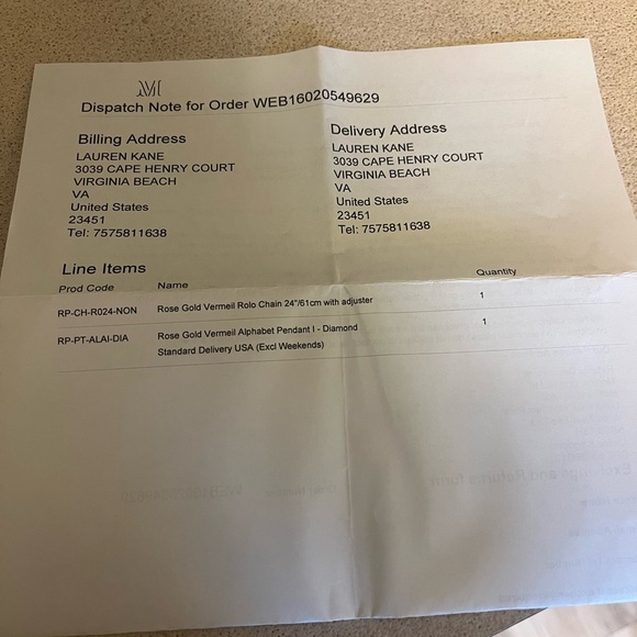 MONICA VINADER ROSE GOLD VERMEIL ALPHABET PENDANT “I” WITH 24” ROSE GOLD CHAIN - Picture 6 of 9